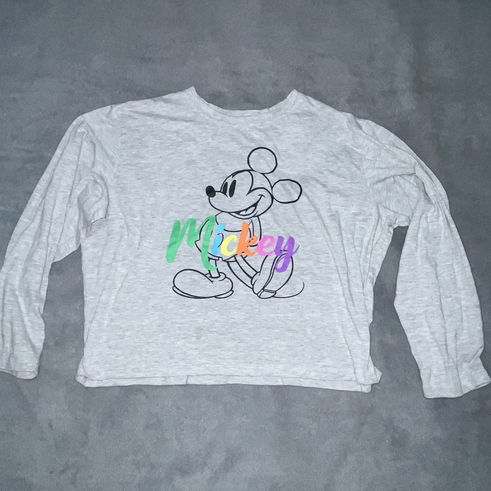Disney Juniors Top XL Gray Long Sleeve 'Mickey' Colorful Graphic Print Camisa